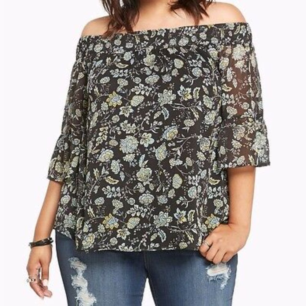 Torrid Floral Print Chiffon Off Shoulder Top Size 3